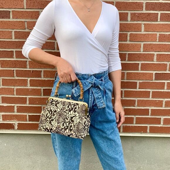 Chic Handmade Real hair-on-horsehide Black Lace Printed, Bamboo Handle Bag - Picture 4 of 16